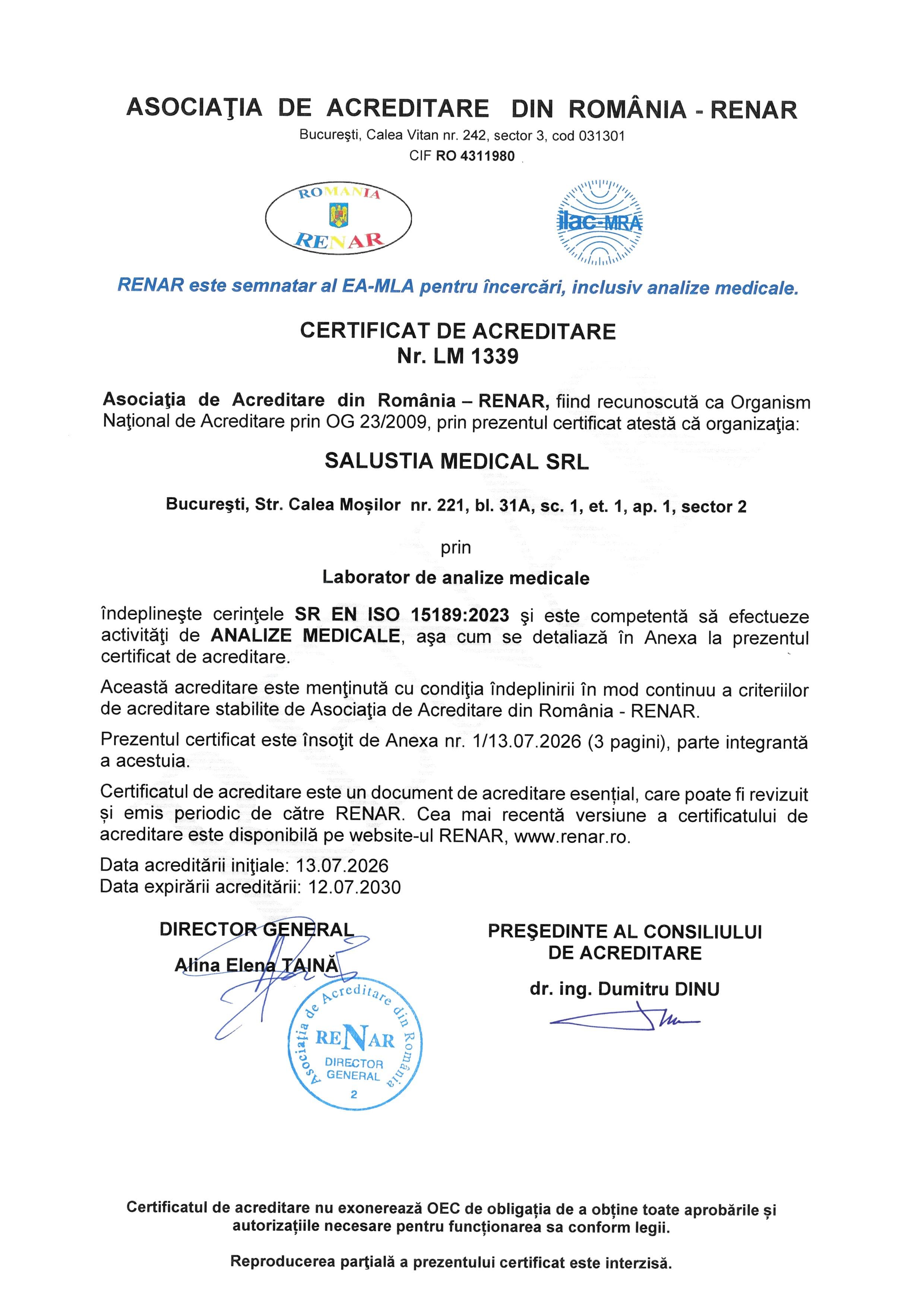Certificat de acreditare RENAR nr. LM 1339 — Salustia Medical SRL